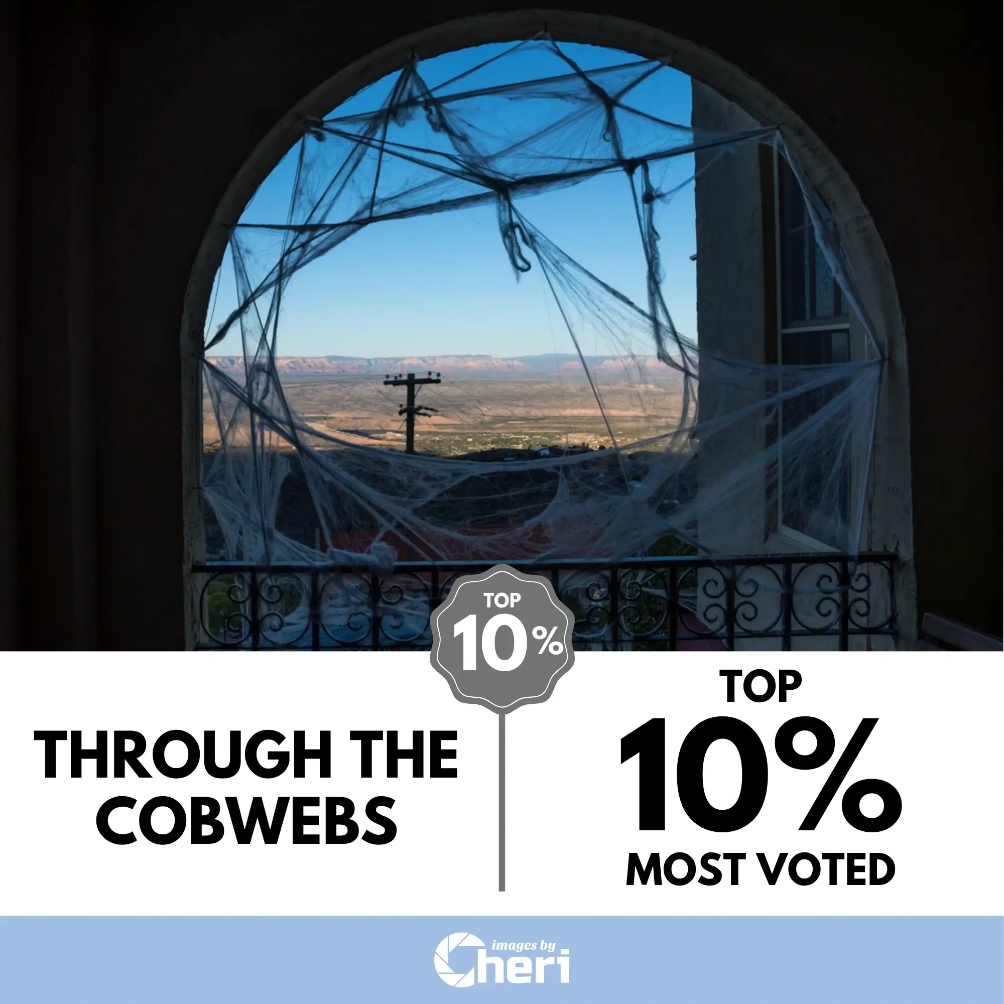 View through an arched window decorated with white fake cobwebs, showing a desert landscape with mountains and sky. Top 10% Most Voted in Window Wonders Photo Contest.