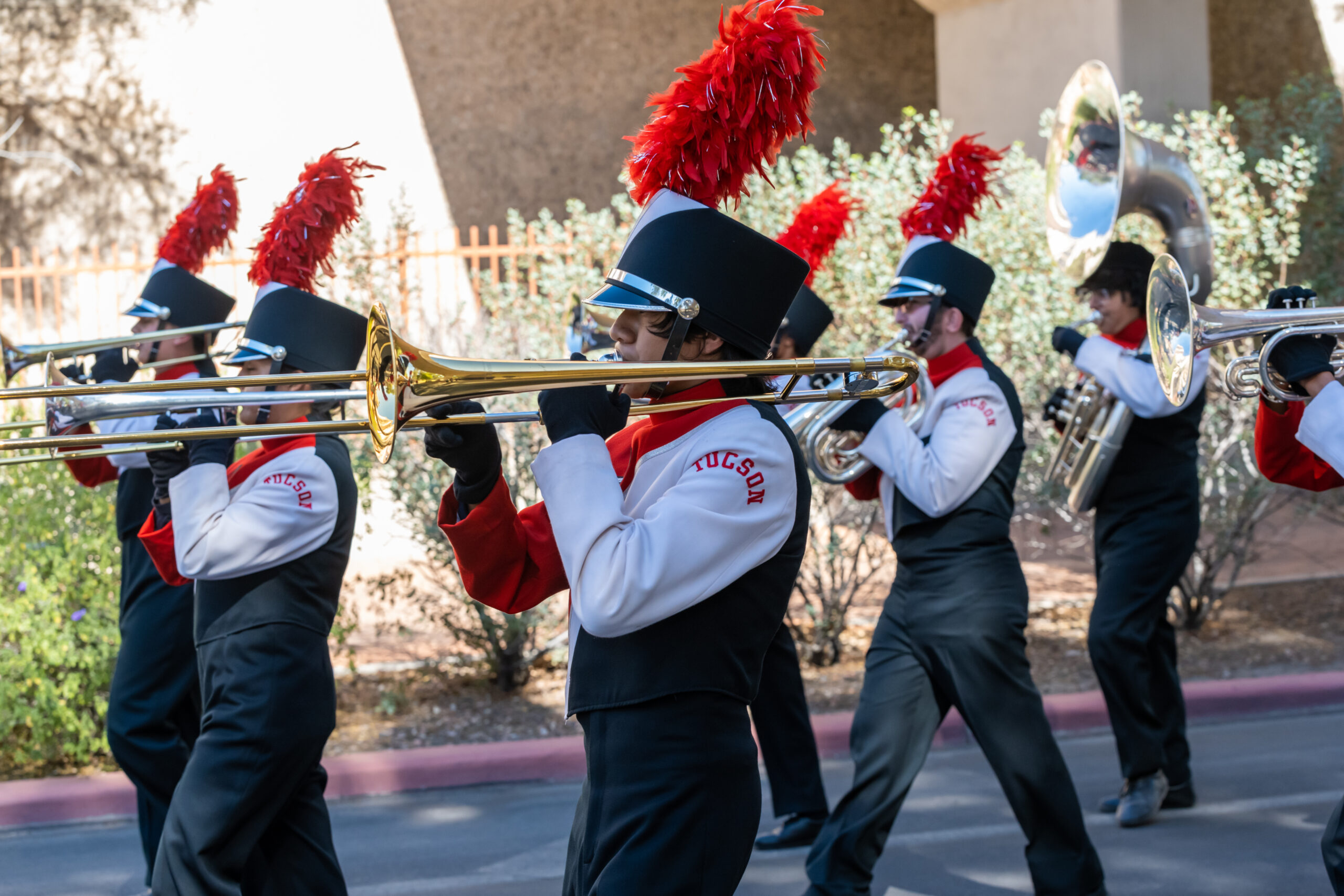 Tucson high magnet school marching band trombones Members of the Tucson High Magnet School marching band playing gold trombones during an outdoor parade. The students are wearing white and black uniforms with red accents and tall black hats with large red plumes.