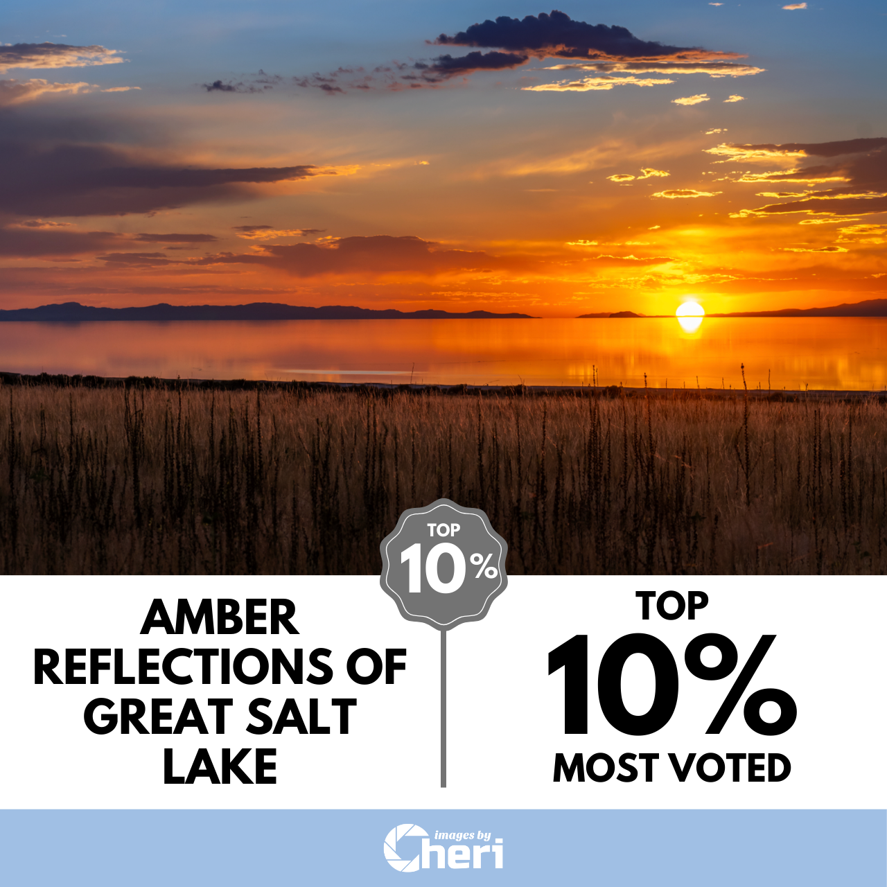 Photography sunset over Great Salt Lake titled "Amber Reflections," showing golden sunlight on still water with mountain silhouettes, ranked Top 10 Percent Most Voted in Viewbug About Water Photo Contest.