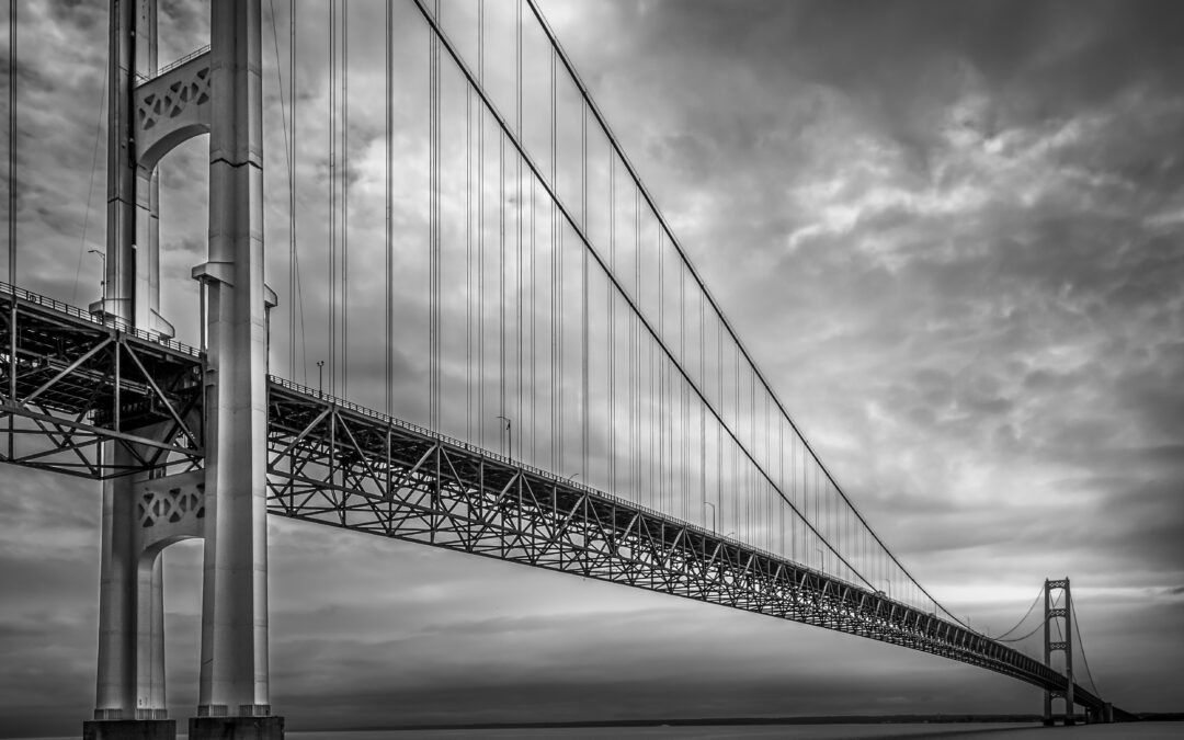 The Magnificent Mackinac: Suspension Bridge – Black and White (panorama)