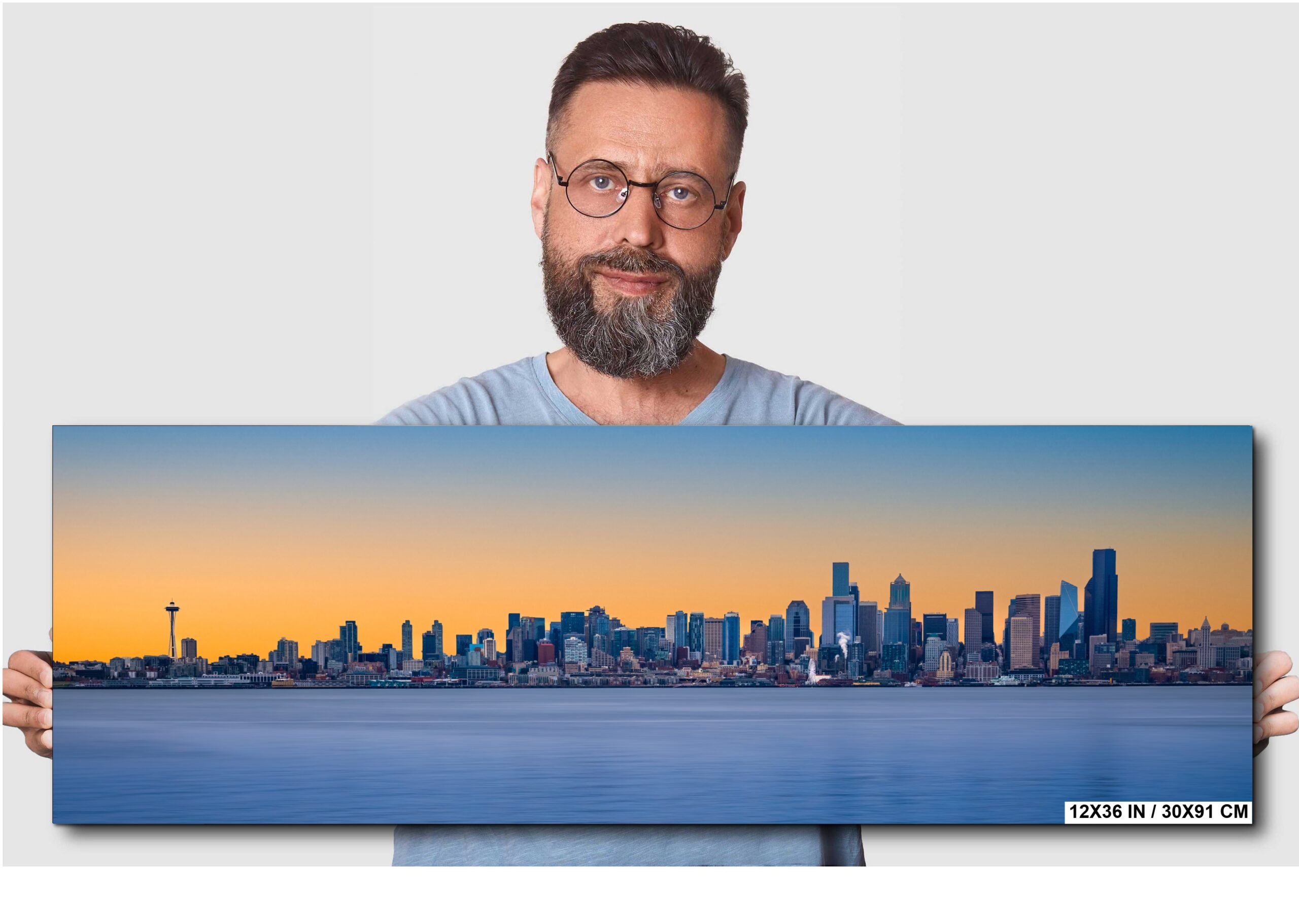 Seattle Skyline Golden Hour Panorama with Space Needle Diagram