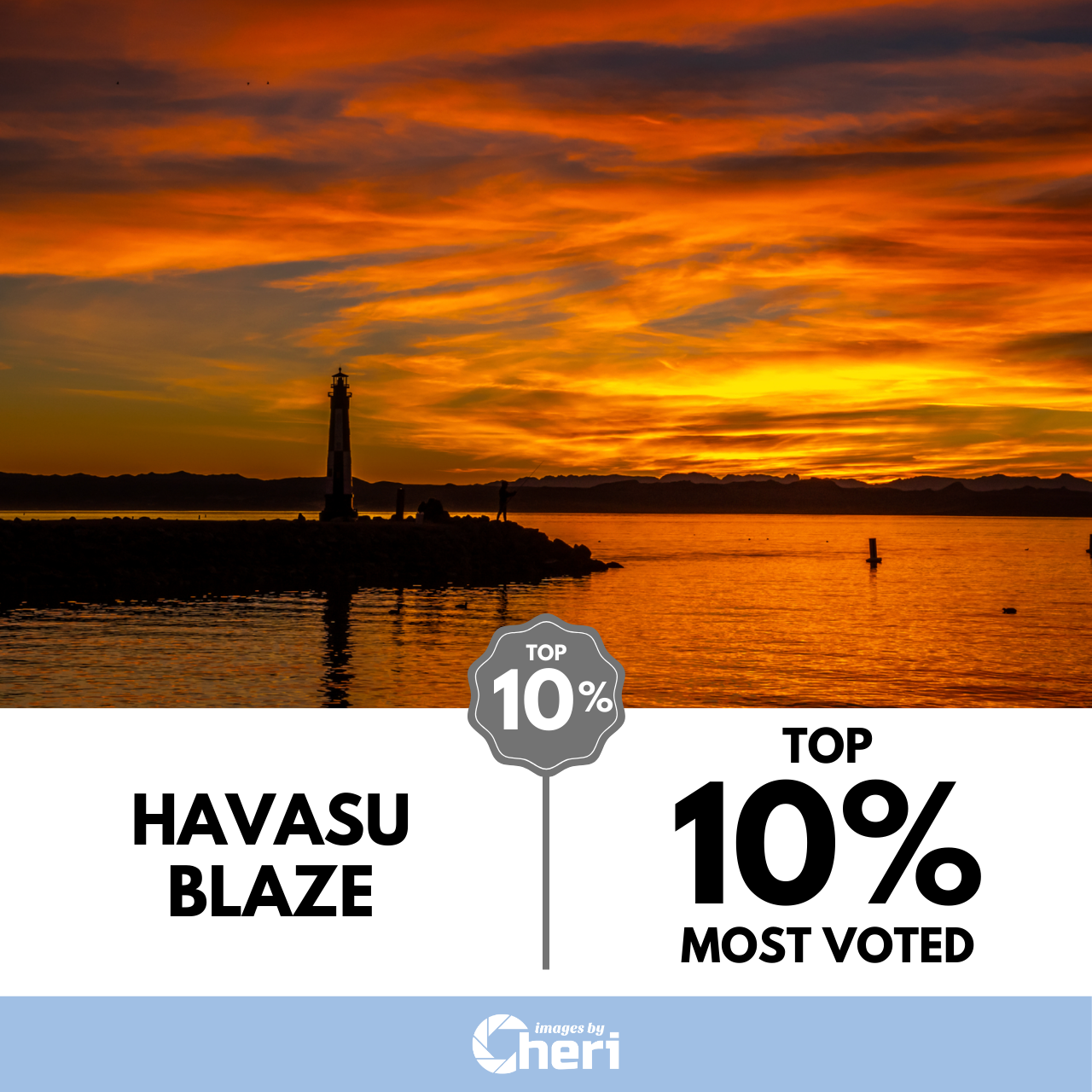 A small lighthouse and shoreline silhouetted against an intense, fiery orange and yellow sunset over Lake Havasu, Arizona. Top 10% Most Voted in ‘Orange Mood Photo’ Contest.