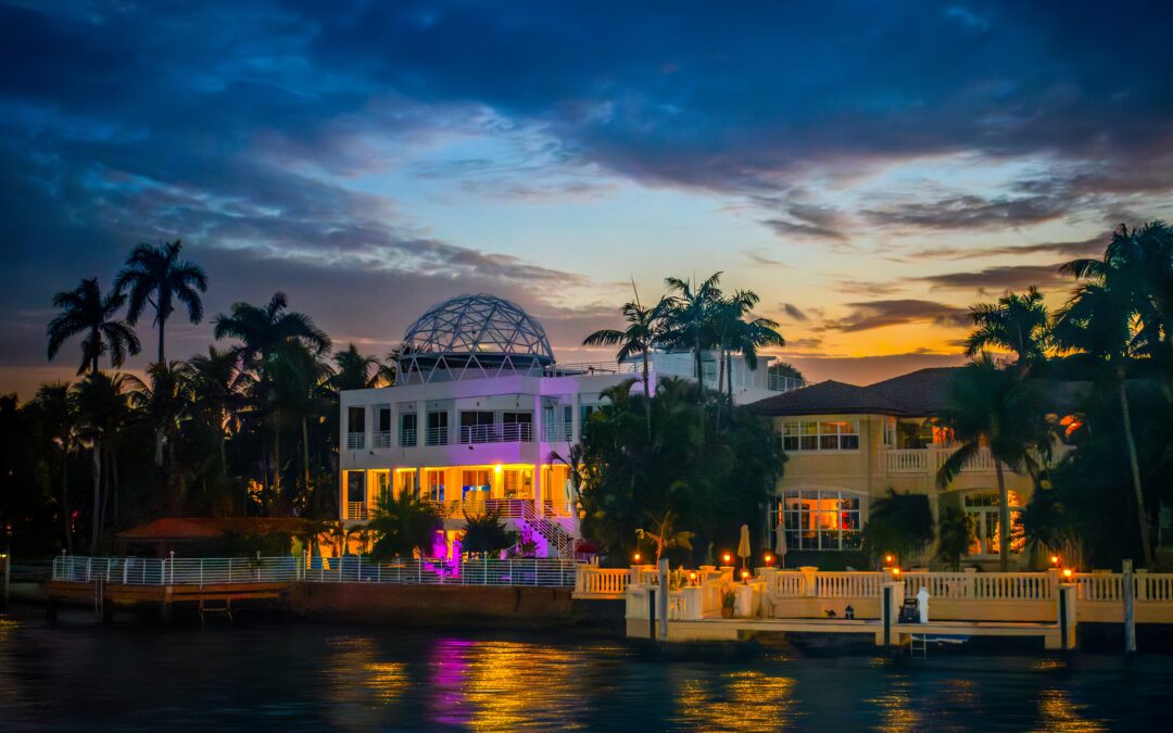 Miami Waterfront Mansion at Golden Hour: Biscayne Bay Florida