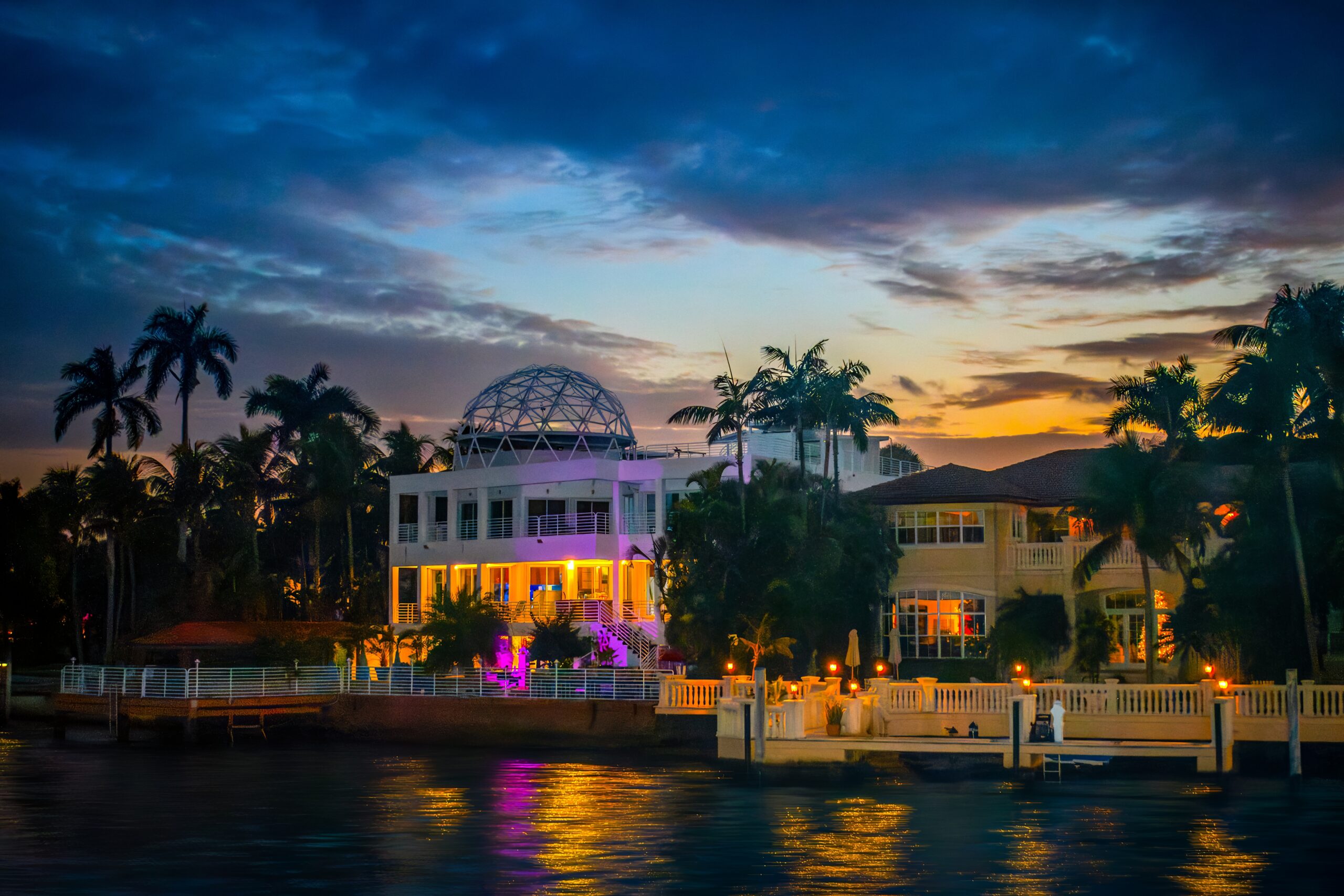 Miami Waterfront Mansion at Golden Hour: Biscayne Bay Florida