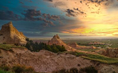 Badlands National Park Sunset Over Pinnacles Prairie Rugged Terrain