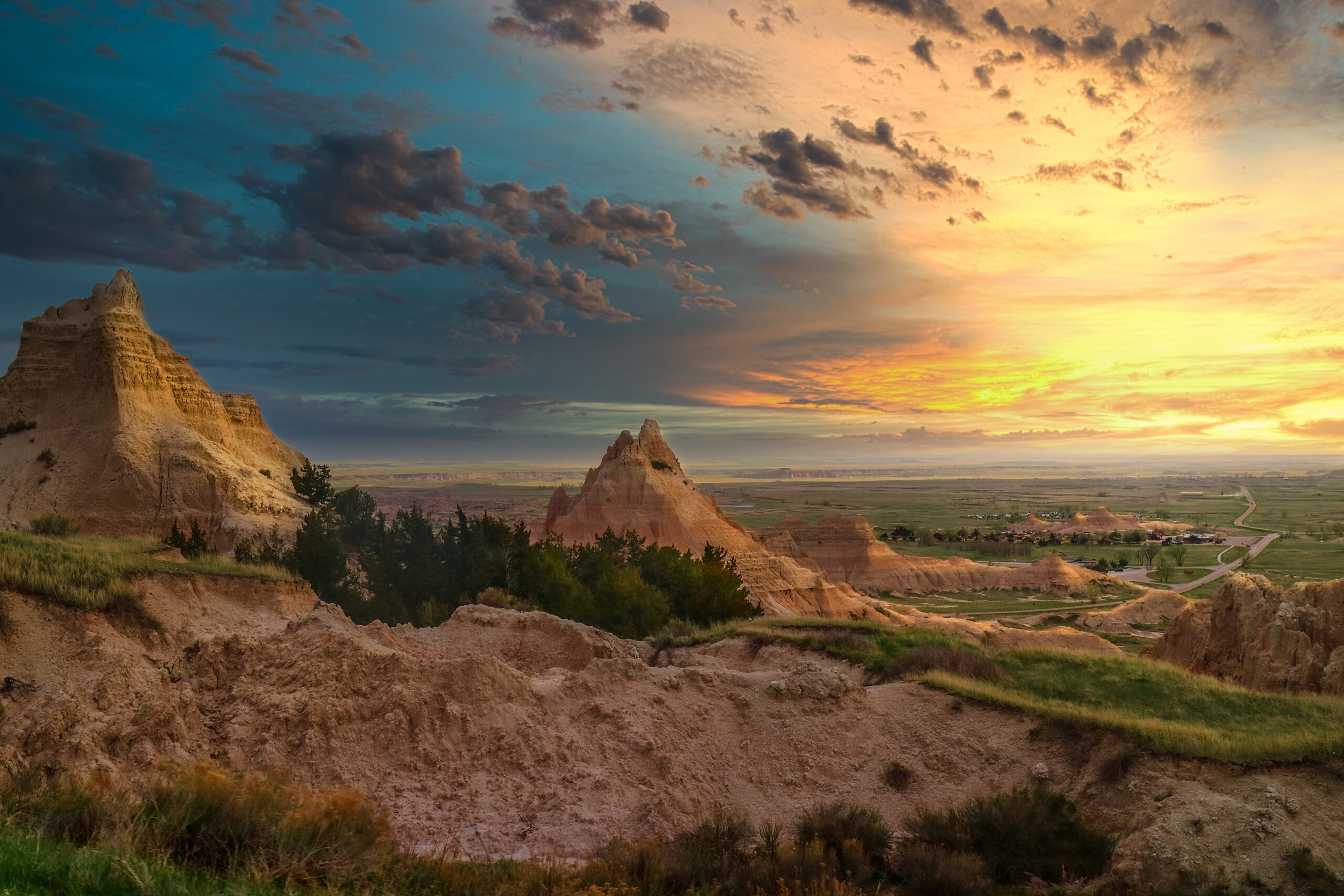 Badlands National Park Sunset Over Pinnacles Prairie Rugged Terrain