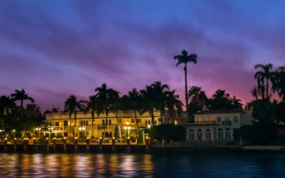 Miami Waterfront Mansion at Sunset: Biscayne Bay Florida