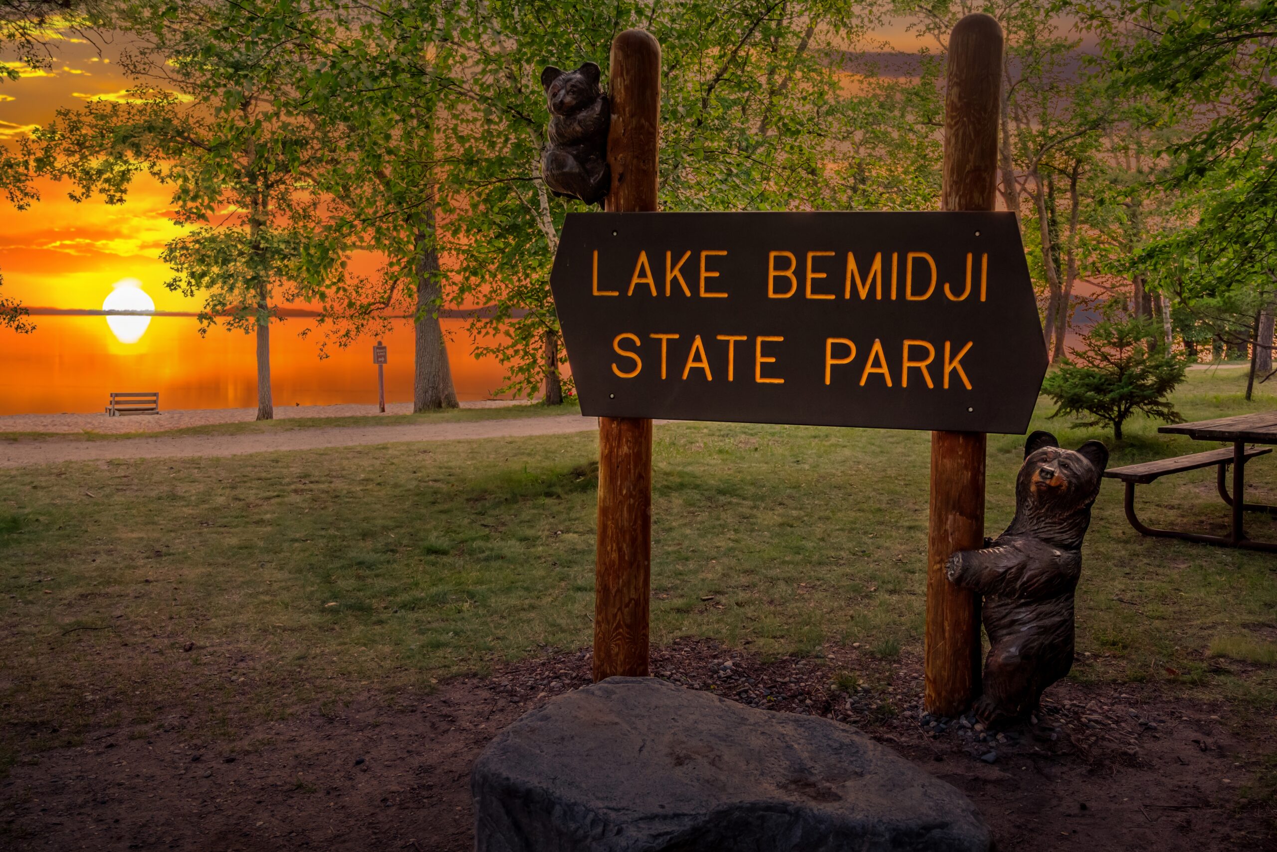 Lake Bemidji State Park Sign at Sunset Lake Bemidji State Park Sign at Sunset