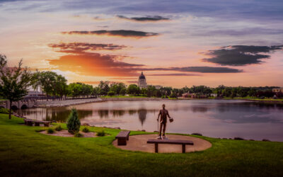 Capitol Lake Sunset: Pierre SD Bronze Statue