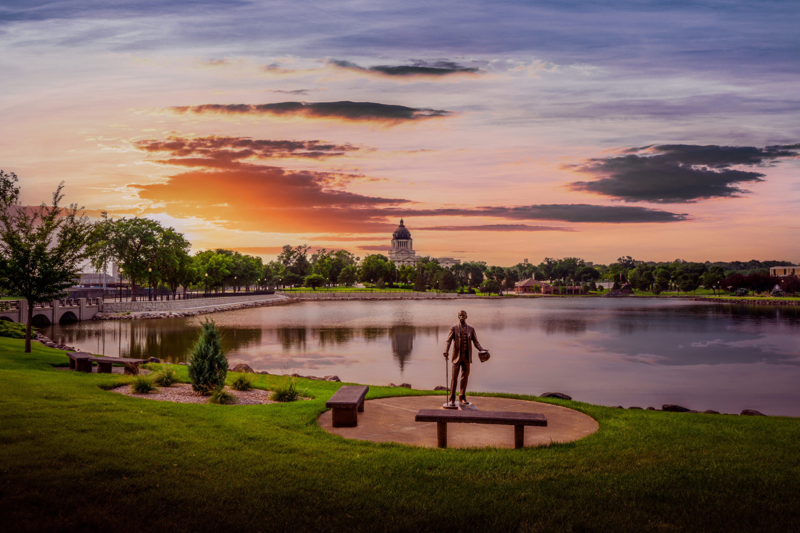 Capitol Lake Sunset: Pierre SD Bronze Statue