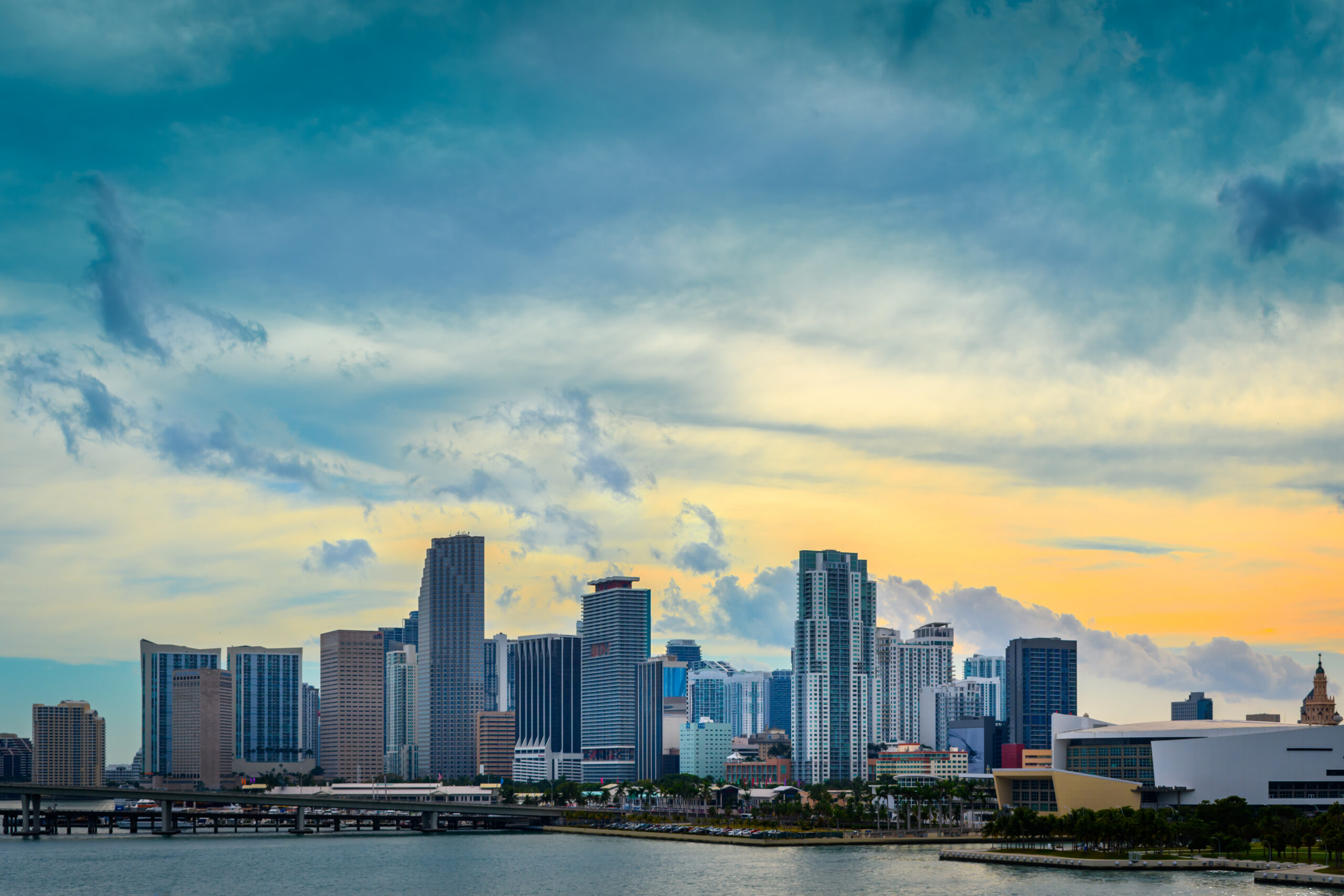 Miami Skyline Twilight in Biscayne Bay, Florida