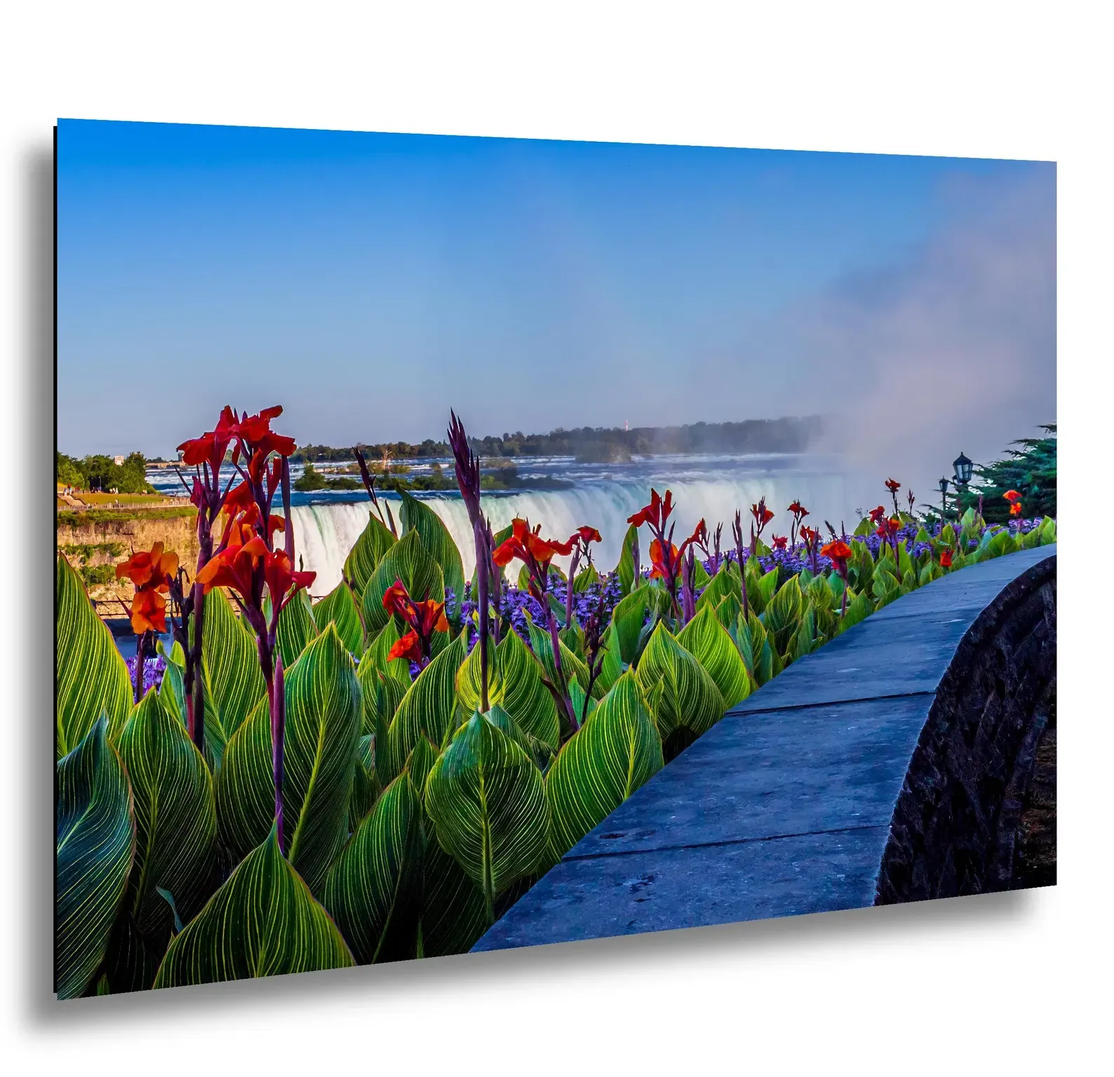 	Niagara Falls with red canna lily flowers along the walkway - fine art print by Cheri Alguire